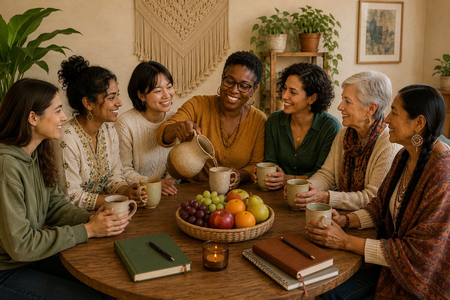 A group of women sitting around a table in warm conversation